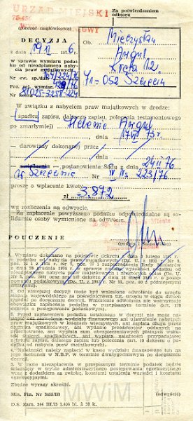 KKE 5767-1.jpg - Dok. Decyzje wydziału Finasowego Urzędu Miejskiego w sprawie opłaty spadkowej po zmarłych rodzicach dla Mieczysława Awgul, Szczecin, 19 XI 1976 r.